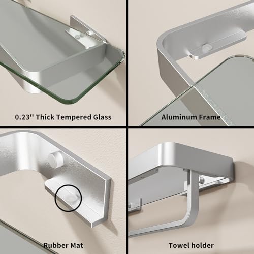 Danpoo 20 Inch Long Floating Bathroom Shelf with Towel Bar, Clear Tempered Glass Wall Shelf for Bathroom Storage Organizer, Matte Silver