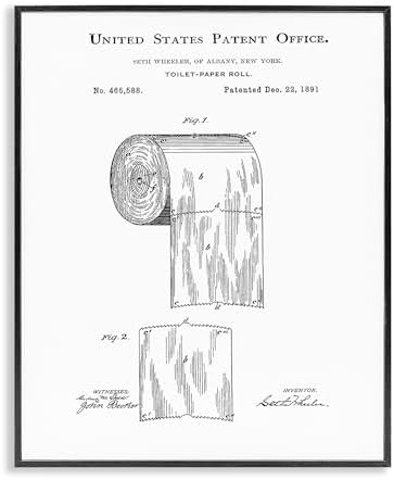 Stupell Industries 'Toilet Paper Roll Vintage Patent Minimal Black White', Framed Giclee Art, Black, 24 x 30 Inches, Easy to Hang and Sturdy, Made in USA, by Studio W