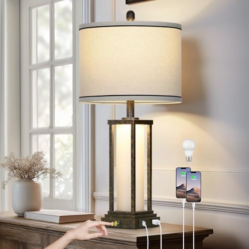 27inch Tall Bedside Table Lamps with Charging Ports for Living Room,Traditional Lamp with Night Light for Bedroom Nightstand,Single Bronze