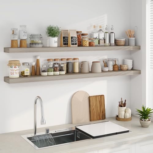 Fun Memories 66 Inch Fireplace Mantel - Long Floating Shelf, Wall Mounted Farmhouse Display with Invisible Heavy Duty Metal Bracket, Grey, 2 Pack