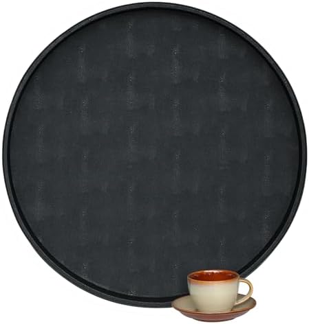 HofferRuffer Large Round Serving Tray 24'', Elegant Faux Leather Circle Ottoman Table Tray, Serve Tea Coffee Breakfast in Bedroom Living Room Kitchen (Classic Black)