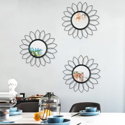3 Pack Metal Mirrors for Wall Sunburst Wall Mirrors Home Décor Decorative Hanging Wall Art for Living Room Bedroom Entryway (Black, Flowers)