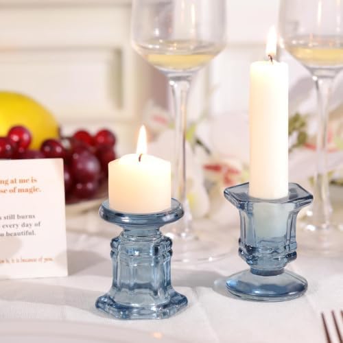 Lanttu 12 Pcs Blue Candlestick Holders Bulk, Glass Candle Holders Set