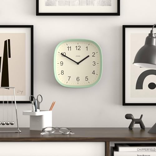 JONES CLOCKS® Sprite wall Clock | Modern Retro Rounded Square Clock | 10" | Neo Mint Green | Easy to Read Numbers | Perfect for Kitchen or Office