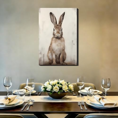 Vintage Rabbits Portrait Canvas Wall Art, Brown Easter Canvas Art for Living Room, Fireplace Wall Decor, Framed Spring Bunny Poster Prints for Bedroom Bathroom Holiday Decoration