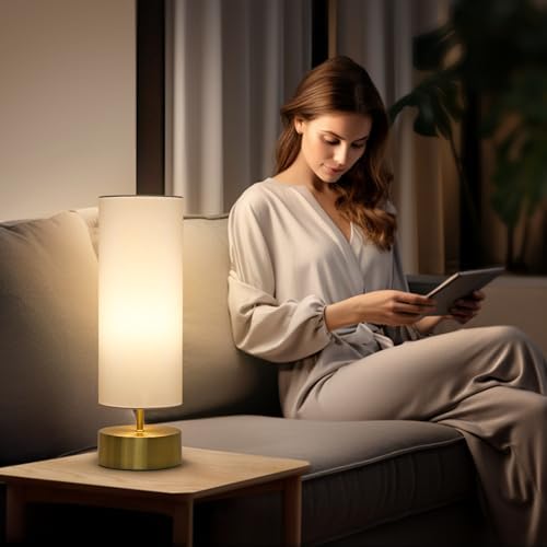 3-Way Dimmable Table Lamp, Touch Control Gold Bedside Lamp with White Shade