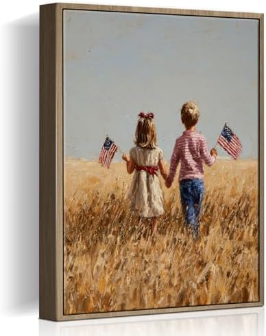 American Flag Framed Canvas Wall Art, 4th of July Patriotic Canvas Prints | Boy Holding USA Flag Poster Print, Modern Independence Day Wall Decor for Living Room Kids Room Dining Room Office 16×20in