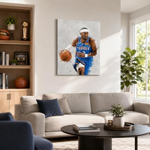 Shai Gilgeous-Alexander Basketball Canvas Wall Art, Sports Player Poster | Abstract splash ink athletic artwork, motivational sports wall decor for teen boys room, bedroom, living room, gym or office