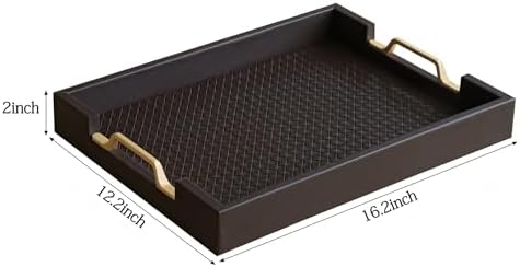HofferRuffer Faux Leather Rectangle Serving Tray Decor Platter with Gold Metal Handles for Coffee Table, Breakfast, Tea, Food, Countertop, Kitchen, Butler Tray, 16.2 x 12.2 x 2 inches (Coffee)