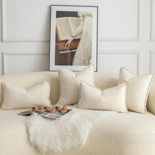 MANDIOO Pack of 2 Decorative Throw Pillow Covers Accent Solid Woven Textured Cushion Covers Pillow Cases Bedroom Living Room Sofa Home 12 x 20 Inch Beige