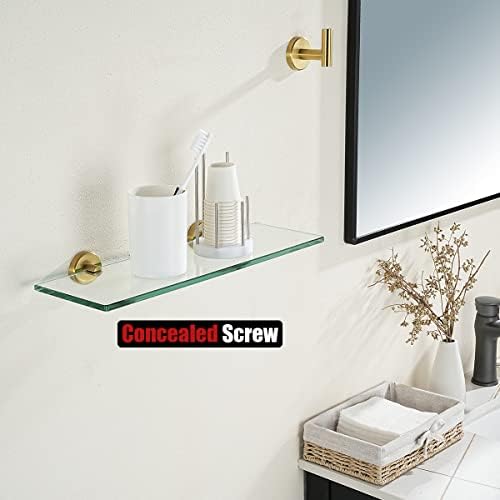 JQK Bathroom Glass Shelf Gold, Tempered Glass Shower Storage 14 by 5 inches, 304 Stainless Steel Brushed Gold Wall Mount, TGS101L14-BG