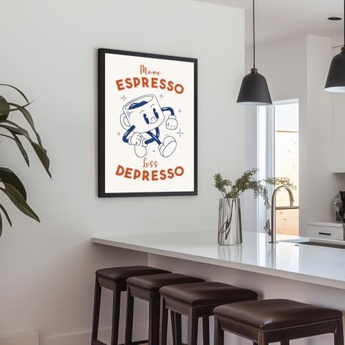 Cyebmo Black White Coffee Wall Art, More Espresso Less Depresso Wall Decor, Funny Coffee Canvas Painting, Cute Cartoon Cafe Cup Poster Print for Kitchen Office Cafe Bar, Wood Framed 12x16 Inch