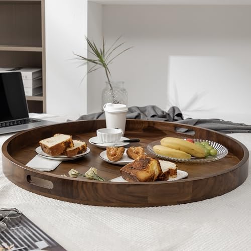 30" Round Extra Jumbo Black Walnut Wood Ottoman Tray with Handle