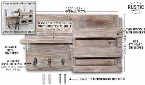 Rustic Wall Key Holder & Mail Sorter with 3 Hooks & Shelf