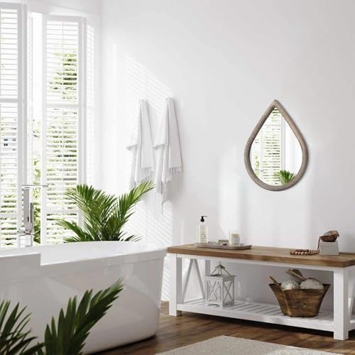 Small Mirror for Wall Solid Wood Bathroom Mirror Farmhouse Teardrop Wall Hanging Mirrors Decorative for Entryway Hallway Living Room Bedroom Retro Brown