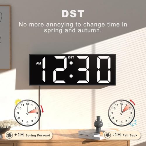 JALL Digital Wall Clock Large Display with Big LED Numbers, Remote Control, 8 RGB Colors, Auto DST, Night Light for Classroom Living Room Bedroom Birthday Gift for Senior (White Font, 12 inches)