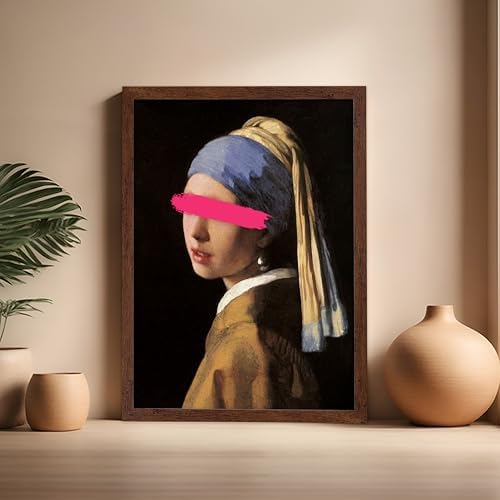 Poster Master Girl with a Pearl Earring Painting Print - Baroque Portrait Poster - Altered & Pop Art - Gift for Men & Women - Decor for Bedroom, Living Room or Office - 16x20 Brown Framed