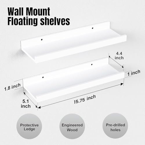 RICHER HOUSE 8 Set Floating Wall Mounted Shelves, Nursery Hanging Book Shelves with Lip for Storage, White Display Picture Ledge Shelf for Bedroom Bathroom Kitchen Living Room Wall Decor, Modern White