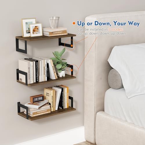 Harwaya Floating Book Shelves for Wall Set of 3, 17 x 8 Inch Deep Wooden Wall Bookshelf for Bedroom Office, Rustic Wood Hanging Wall Shelves for Living Room Kitchen (Dark Brown)