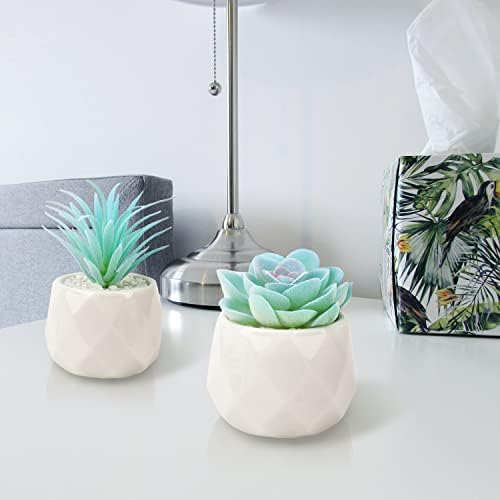 VIVERIE Mini Blue Artificial Succulent in Pots (White Ceramic, 4 Pot Set) Fake Plants for Indoors, Office Decor Gift for Women, Office Home Decor Gifts, Faux Plant for Shelf/Desk/Bathroom Decor