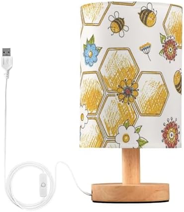 Vintage Bee Honeycomb Flower Table Lamp with Wood Base Fabric Lamp Shade Bedside Nightstand Desk Lamp for Living Room Bedroom Kids Room Office