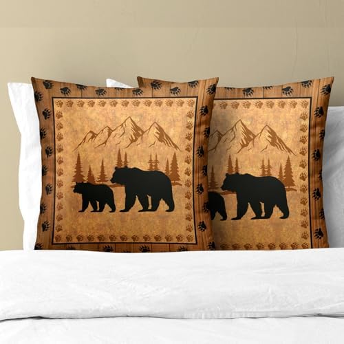 Bear Throw Pillow Covers 16x16 Inch Set of 2 Retro Brown Mountain Decorative Pillowcase Rustic Cabin Bear Hunting Animal Paw Prints Decorative Cotton Cushion Case for Home Sofa Bedroom