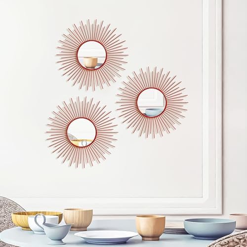 3 Pack Metal Mirrors for Wall Sunburst Wall Mirrors Home Décor Decorative Hanging Wall Art for Living Room Bedroom Entryway (Red, Sunburst)