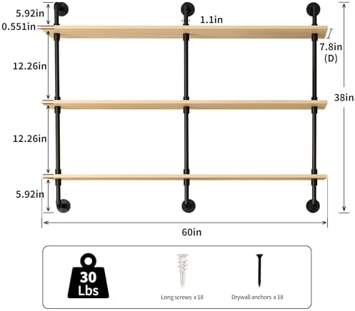 3-Tier Industrial Pipe Floating Shelf – Rustic 60 inch Wood Wall-Mounted Storage Shelf for Kitchen Office,Bathroom & Home Decor -White Oak