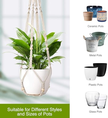 LEWESU Macrame Plant Hanger Indoor Set of 4 with 8 Hooks, Indoor Outdoor Hanging Planter for Plants Holder with Decorative Wood Beads & No Tassels, Boho Home Decor, 35 Inch Ivory (Pots Not Included)