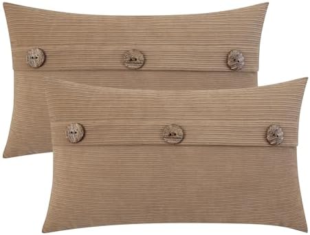 HWY 50 Taupe Chenille Throw Pillow Covers 12x20 Inch Buttons Pack of 2