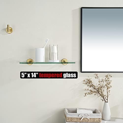 JQK Bathroom Glass Shelf Gold, Tempered Glass Shower Storage 14 by 5 inches, 304 Stainless Steel Brushed Gold Wall Mount, TGS101L14-BG