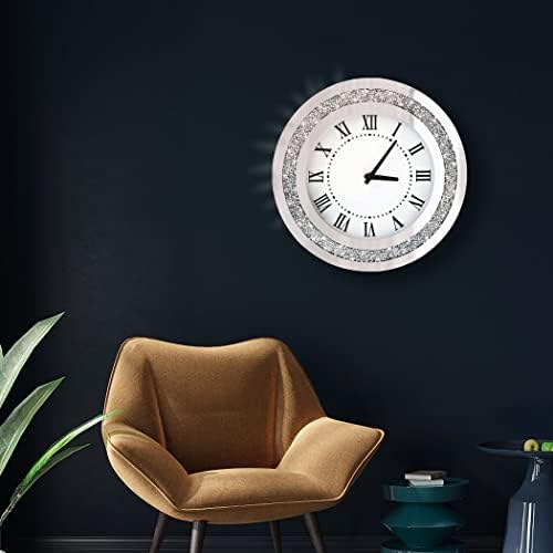 Silver Round Mirror Clock 12inch Crystal Sparkle Twinkle Bling Crush Diamond Mirrored Wall Clock for Wall Decoration Silver Glass Mirror Home Decor. AA Battery is not Included.
