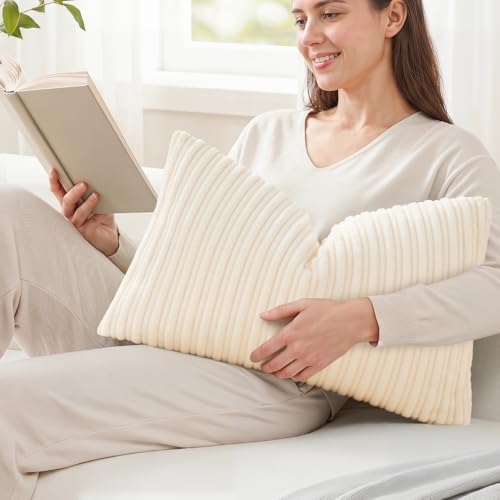 Kevin Textile Striped Corduroy 12”x20” Pillow Covers 2 Pack, Cream White