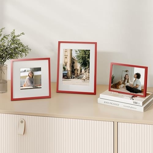 Fun Memories 8x10 Inch Metal Picture Frame - Aluminum Photo Frames - 5x7 Mat - Ideal for Wall or Tabletop Display - Wall Hook Hanging Hardware Included - Red - Set of 1