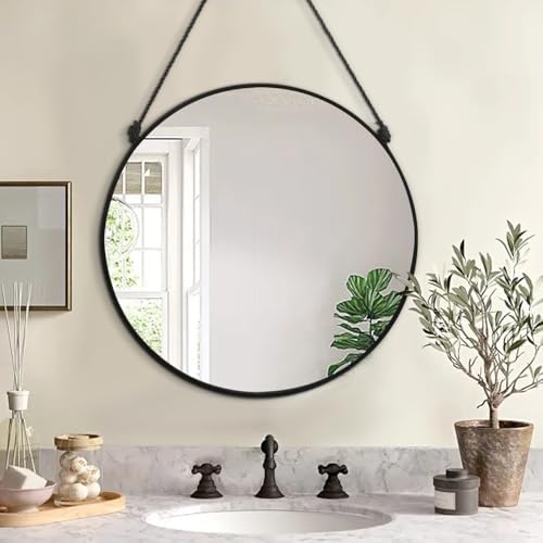 Circle Hanging Wall Mirror Round Mirror for Bathroom Black | Small Wall Mounted Mirror, 16'', Modern Home Decor, For Living Room Bedroom Entryway Hallway Washroom Dorm