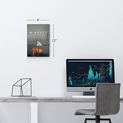 Smile Art Design Mindset is Everything Wall Art Canvas Print Black and White Goldfish Shark Entrepreneur Inspirational Motivational Quote Living Room Office Decor Ready to Hang 22x15