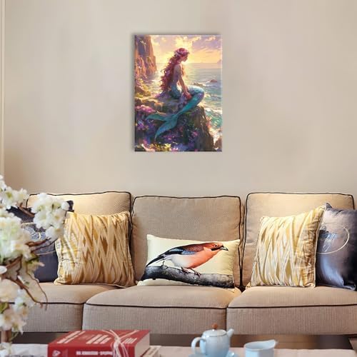 Mermaid Canvas Wall Art Ocean Pictures Mermaid Painting Coastal Prints Modern Artwork for Bathroom Living Room Bedroom Office Framed Wall Decor 20"x24"