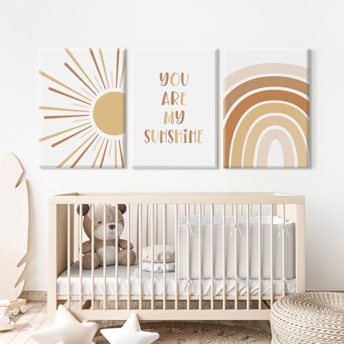 Baccone Boho Nursery Wall Art Baby Girl Wall Decor Kids Rainbow Canvas Wall Art You Are My Sunshine Pictures Toddler Sun Prints Nursery Artwork for Room Bedroom Set of 3 16x24 Inch Wrapped Canvas
