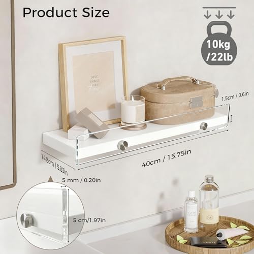 3-Pack Floating Shelves with Acrylic Anti-Fall Lip, Modern Wall Mounted Display Ledges for Bedroom, Bathroom Kitchen, Heavy-Duty Decor Storage Racks, Easy 5-Minute Install,15-inch Clear Sleek Design