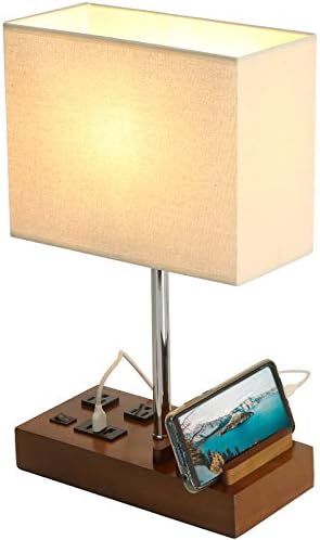 Briever USB Table Lamp, Multi-Functional Desk Lamp with 2 AC Outlets, Bedside Lamp with 3 USB Charging Ports and Wooden Phone Stands, Nightstand Lamp for Bedroom, Livingroom, Office, Walnut Wood