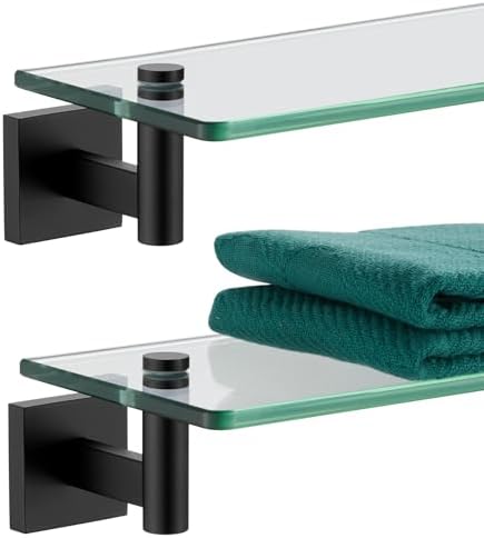 KOKOSIRI Bathroom Shelves Glass Floating Shelf 20-Inch for Bedroom Living Room Kitchen Hanging Rack Rustproof Wall Mounted Black 2 Pack B1105BK-L20-P2