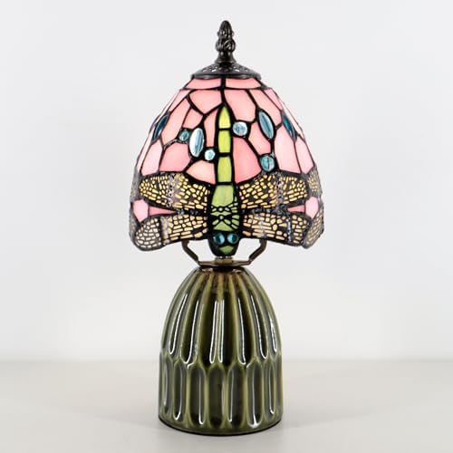 Tiffany Stained Glass Mushroom Table Lamp 12.5 Inch -Pink Dragonfly