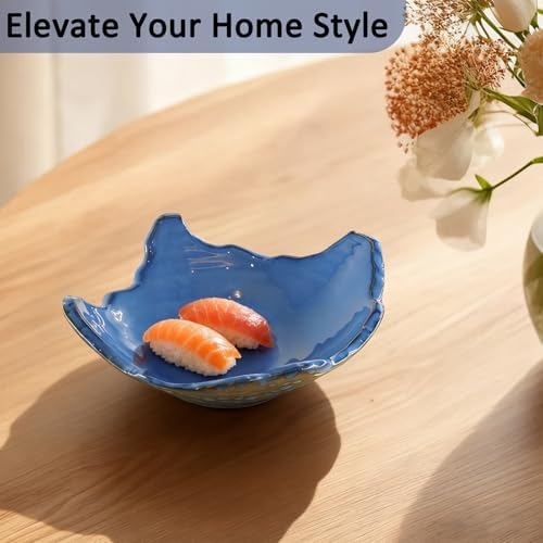8" Small Ceramic Decorative Bowl，Irregular Rim Reactive Glaze Key Bowls for Entryway Table，Blue Coffee Table Bowl Decor，Modern Fruit bowls for Tabletop or Home Decor