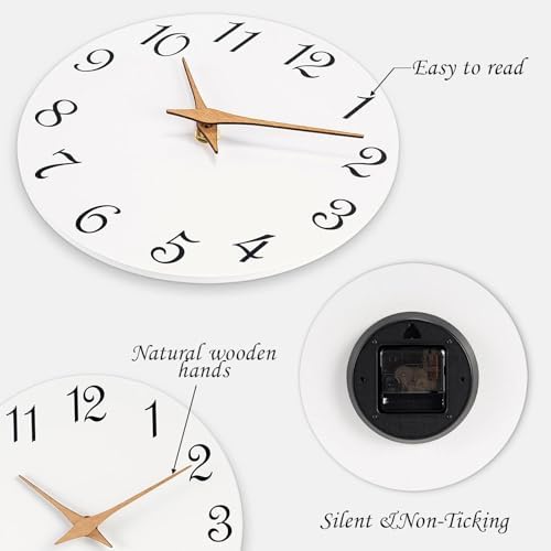 Mosewa Wall Clock Silent Non-Ticking Battery Operated Simple Wooden 14"
