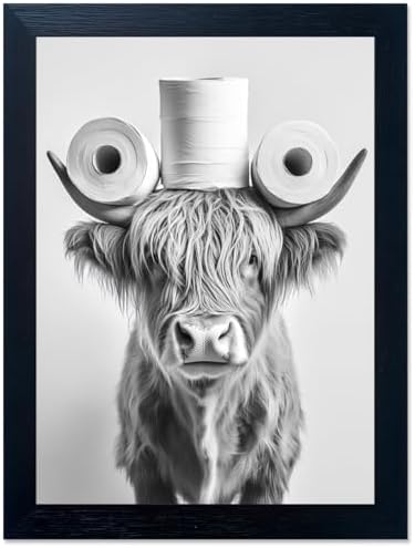 Funny Highland Cow Bathroom Wall Art with Toilet Paper on Head, Humorous Farmhouse Sign for Bathroom Decor, Rustic Black Framed Canvas Print for Restroom Toilet, Ready to Hang 12"x16"