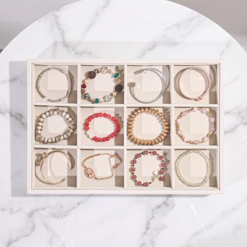 Byken 2 Pcs Bracelet Organizer Dish Tray,Stackable Jewelry Organizer Trays for Drawer,12 Grids Bracelet Jewelry Displays for Selling (Beige)