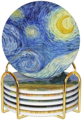 Drink Coasters with Holder - 6 Set Ceramic Coaster for Drinks Absorbent with Cork Base and Golden Holder - Coasters for Coffee Table Apartment Wooden Bar Mugs Glasses Cup Beer
