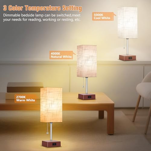 PLMMY Bedside Table Lamp for Bedroom Nightstand, 3 Color Pull Chain Nightstand Lamps Set of 2 with AC Outlets, Square Gray Lampshade Bedside Lamp for Living Room, Office Desk, LED Bulb Included