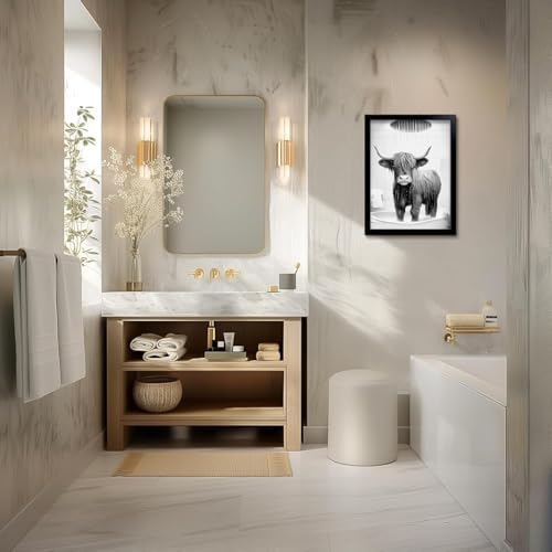 OIQArtOIQ Funny Bathroom Framed Wall Art Black and White Animal Canvas Wall Art Prints Highland Cow Shower Pictures Wall Decor Modern Minimalist Humorous Artwork For Restroom