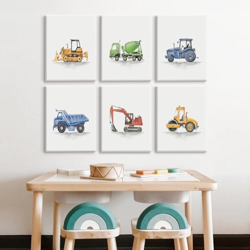 Boys Truck Wall Art Set of 6 Truck Vehicle Canvas Wall Decor Toddler Construction Wall Art Watercolor Playroom Kids Pictures Prints Nursery Artwork for Room Bedroom 12x16 Inch Framed